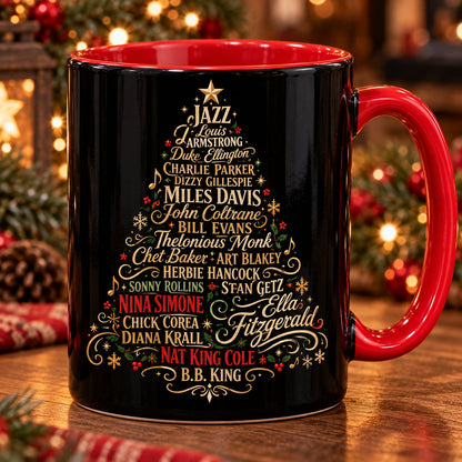 Jazz Legends Christmas Tree Coffee Mug – Miles Davis Louis Armstrong Ella Fitzgerald Ceramic Cup