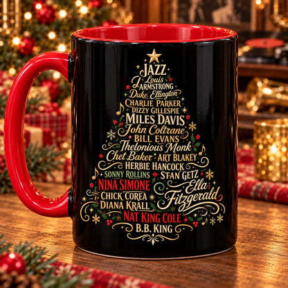 Jazz Legends Christmas Tree Coffee Mug – Miles Davis Louis Armstrong Ella Fitzgerald Ceramic Cup