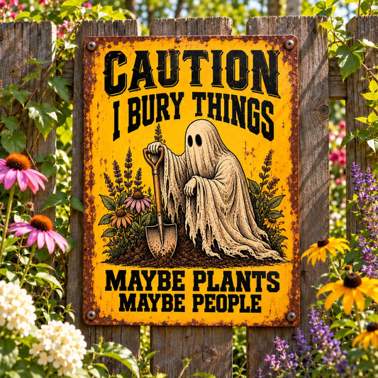 Funny Ghost Garden Metal Sign, Caution I Bury Things Maybe Plants Maybe People, Spooky Gardener Decor, Halloween Yard Sign, Gothic Garden Gift