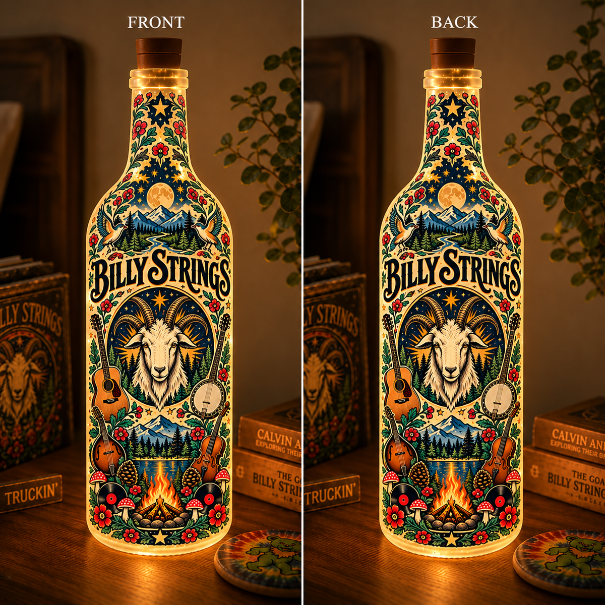 Billy Strings Nordic Folk Art Bottle Lamp – Bluegrass Music LED Light, Mountain Goat & Forest Design, Rustic Scandinavian Home Decor, Unique Gift for Fans