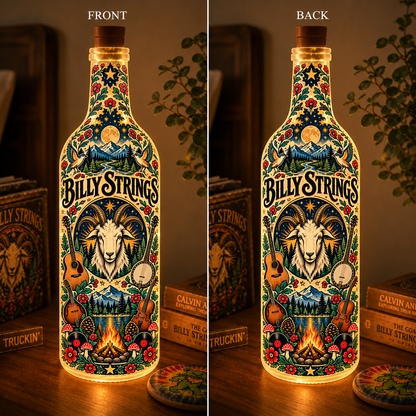 Billy Strings Nordic Folk Art Bottle Lamp – Bluegrass Music LED Light, Mountain Goat & Forest Design, Rustic Scandinavian Home Decor, Unique Gift for Fans