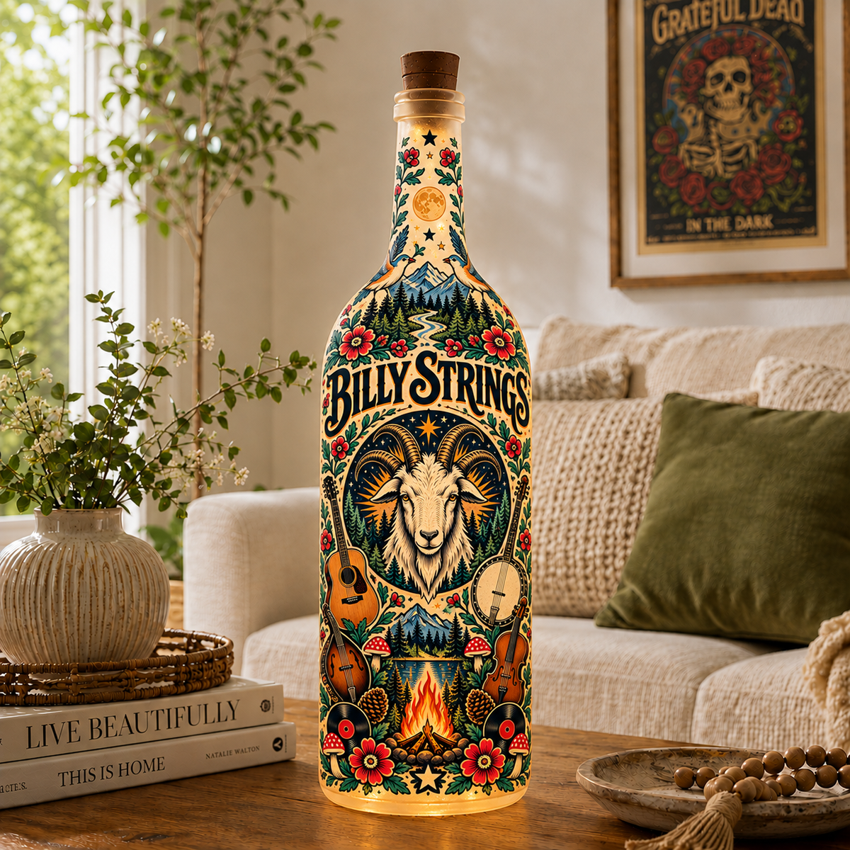 Billy Strings Nordic Folk Art Bottle Lamp – Bluegrass Music LED Light, Mountain Goat & Forest Design, Rustic Scandinavian Home Decor, Unique Gift for Fans