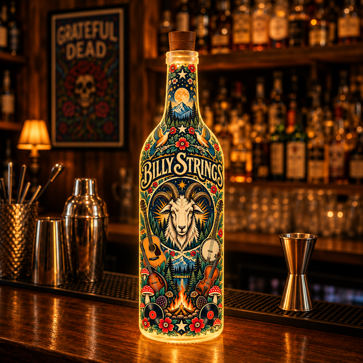 Billy Strings Nordic Folk Art Bottle Lamp – Bluegrass Music LED Light, Mountain Goat & Forest Design, Rustic Scandinavian Home Decor, Unique Gift for Fans