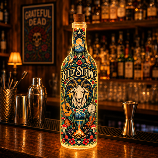 Billy Strings Nordic Folk Art Bottle Lamp – Bluegrass Music LED Light, Mountain Goat & Forest Design, Rustic Scandinavian Home Decor, Unique Gift for Fans