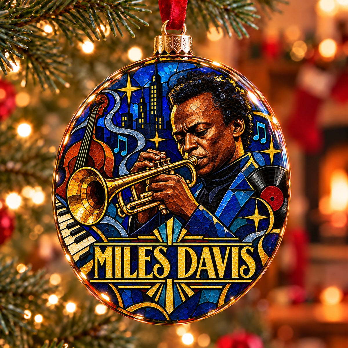 Miles Davis Stained Glass Flat Ball Ornament - Classic Jazz Musician Holiday Tree Hanging Keepsake