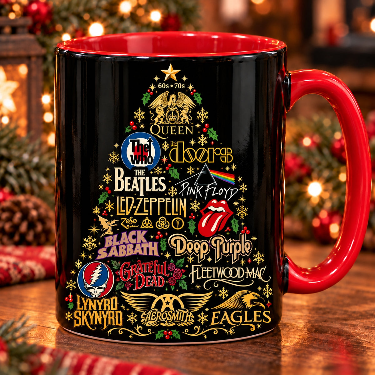 60s 70s Classic Rock Christmas Tree Ceramic Mug - Heavy Metal Band Xmas Coffee Cup, Holiday Fan Gift