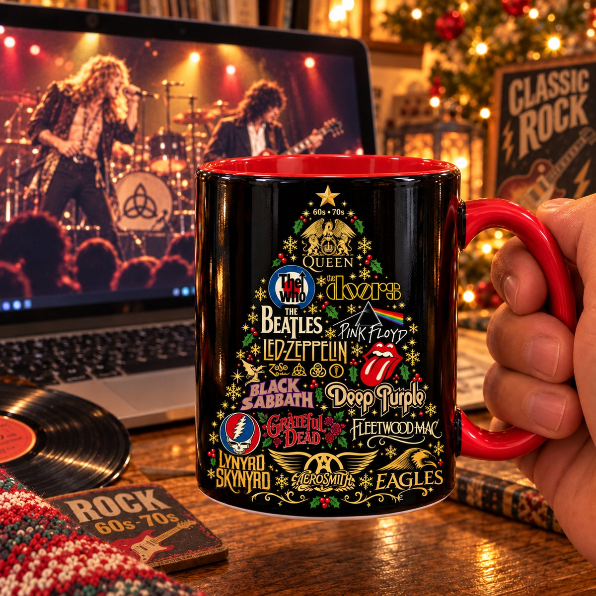 60s 70s Classic Rock Christmas Tree Ceramic Mug - Heavy Metal Band Xmas Coffee Cup, Holiday Fan Gift