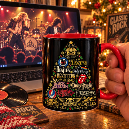 60s 70s Classic Rock Christmas Tree Ceramic Mug - Heavy Metal Band Xmas Coffee Cup, Holiday Fan Gift