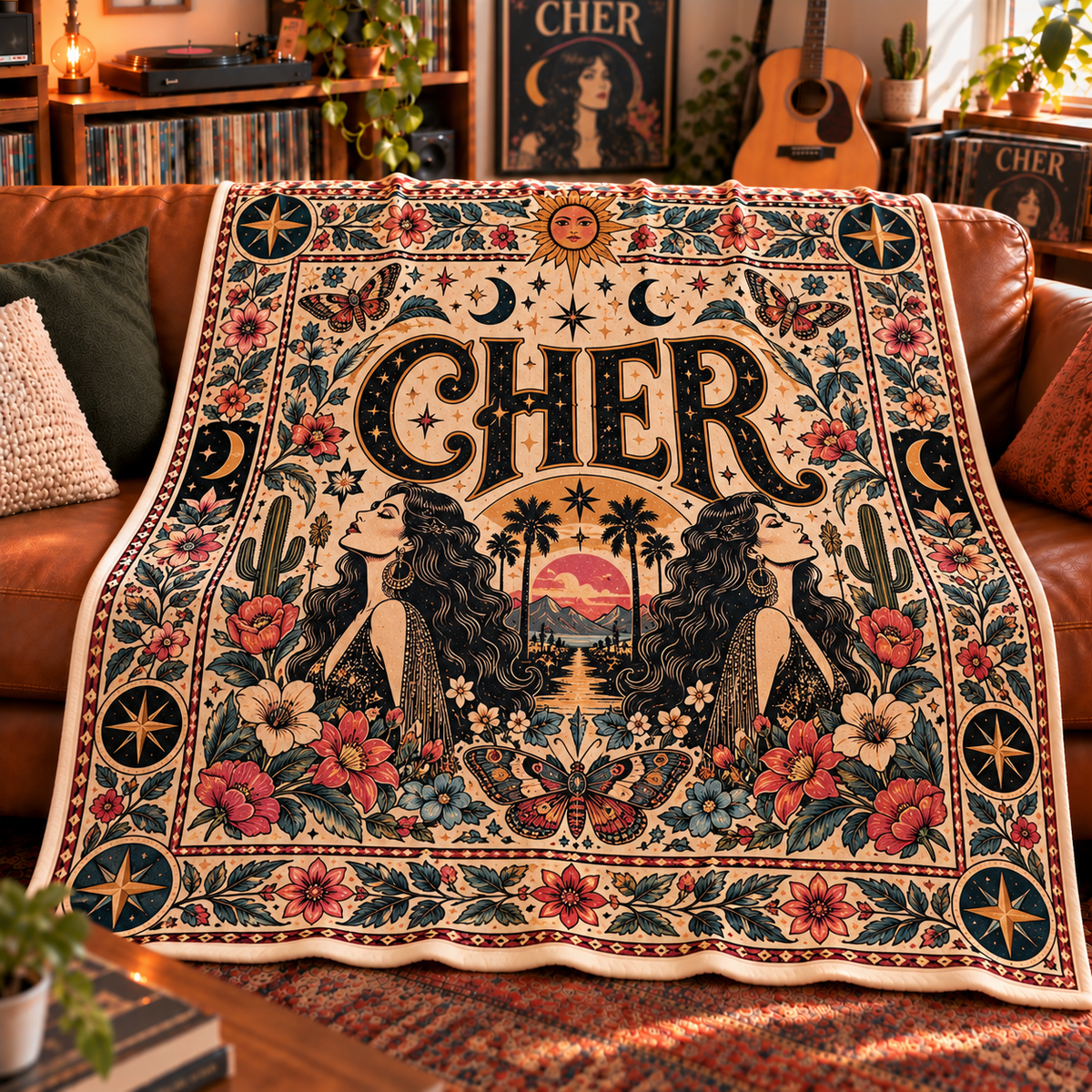 Cher Sherpa Throw Blanket - Celestial Boho Portrait & Sun Soft Plush Cover - Goddess of Pop Music Legend Fan Unique Gift Idea