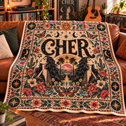 Cher Sherpa Throw Blanket - Celestial Boho Portrait & Sun Soft Plush Cover - Goddess of Pop Music Legend Fan Unique Gift Idea