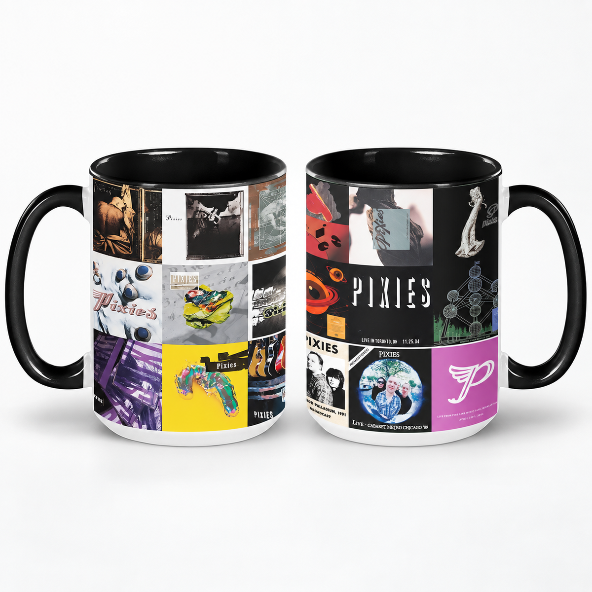 Pixies Black Two-Tone Accent Coffee Mug - Classic Band Album Covers Collage Mug