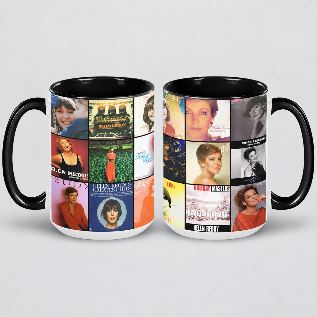 Helen Reddy Black Two-Tone Accent Coffee Mug - Classic Rock Band Album Covers Collage Mug