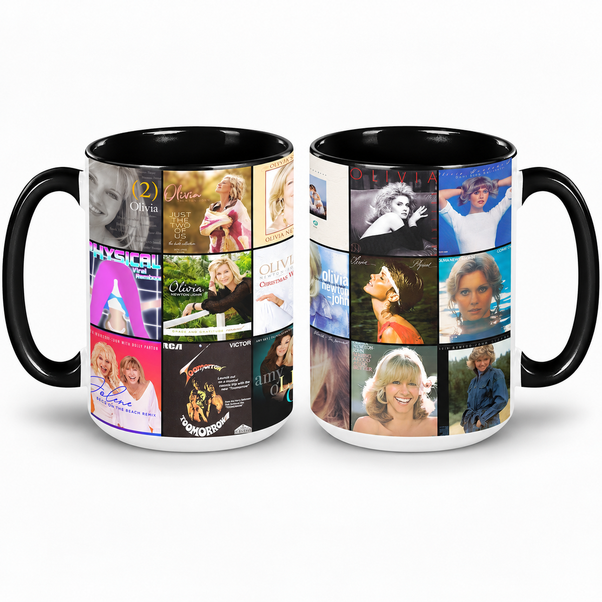 Olivia Newton-John Black Two-Tone Accent Coffee Mug - Classic Band Album Covers Collage Mug
