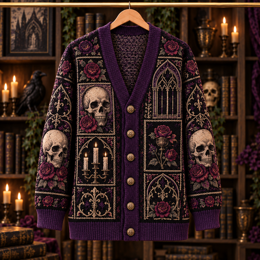 Gothic Skull Rose Cardigan, Purple Victorian Knit Sweater, Dark Academia Gothic Cardigan, Skull & Roses Alternative Fashion Gift