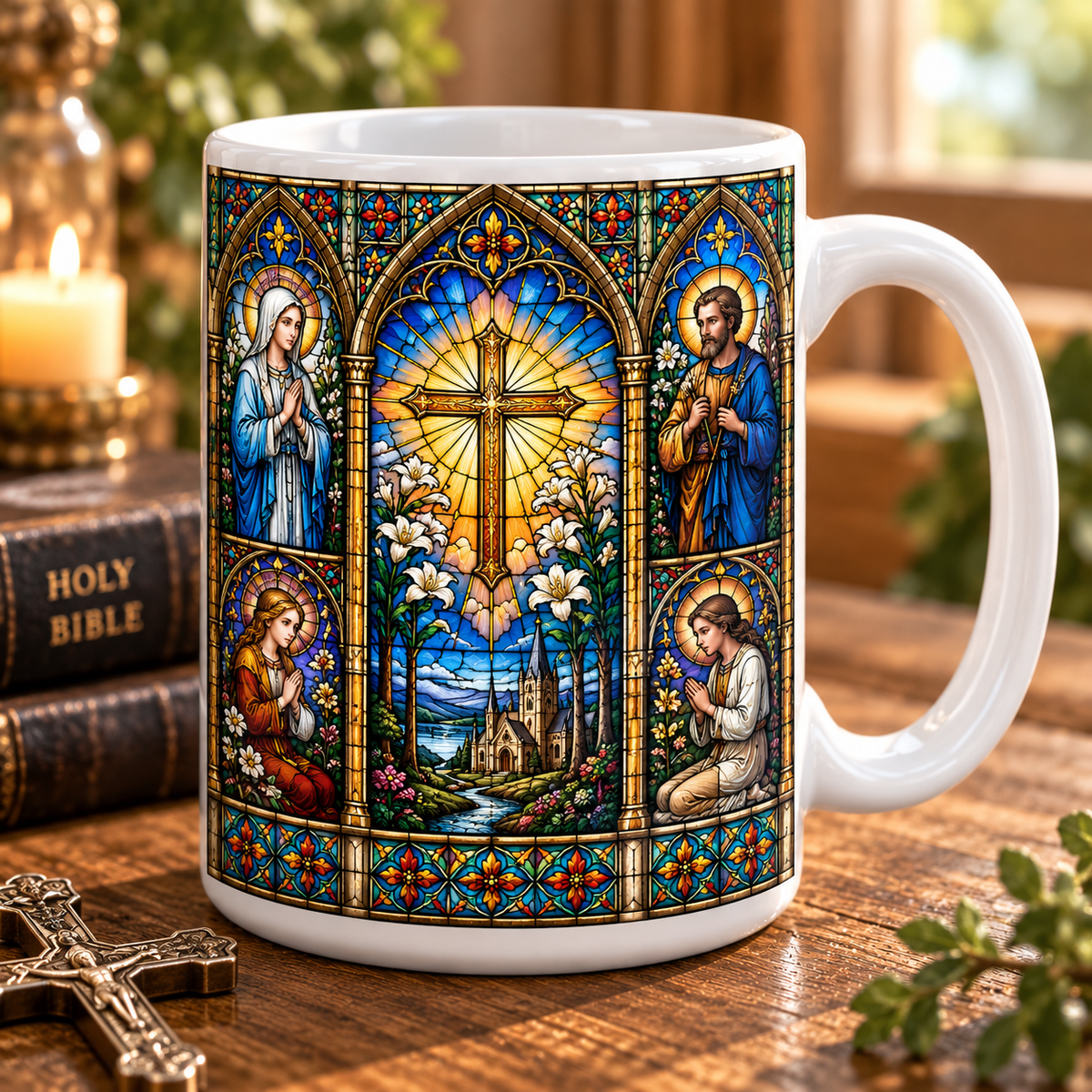 Christian Stained Glass Mug, Cross & Holy Family Coffee Cup, Religious Faith Gift, Bible Inspired Church Window Mug