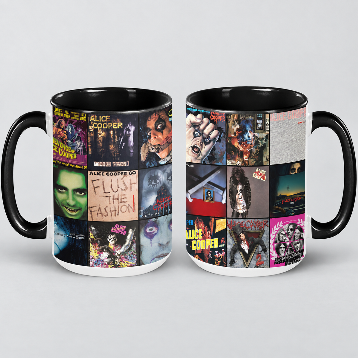 Alice Cooper Black Two-Tone Accent Coffee Mug - Classic Band Album Covers Collage Mug