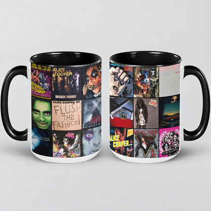 Alice Cooper Black Two-Tone Accent Coffee Mug - Classic Band Album Covers Collage Mug