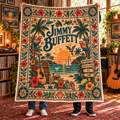 Jimmy Buffett Sherpa Throw Blanket - Margaritaville & Parrothead Soft Cover - Tropical Island Rock Music Legend Unique Gift Idea