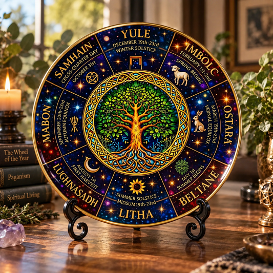 Wheel of the Year Pagan Decorative Plate, Yule Samhain Ostara Beltane Celtic Tree of Life Decor, Wiccan Sabbat Gift