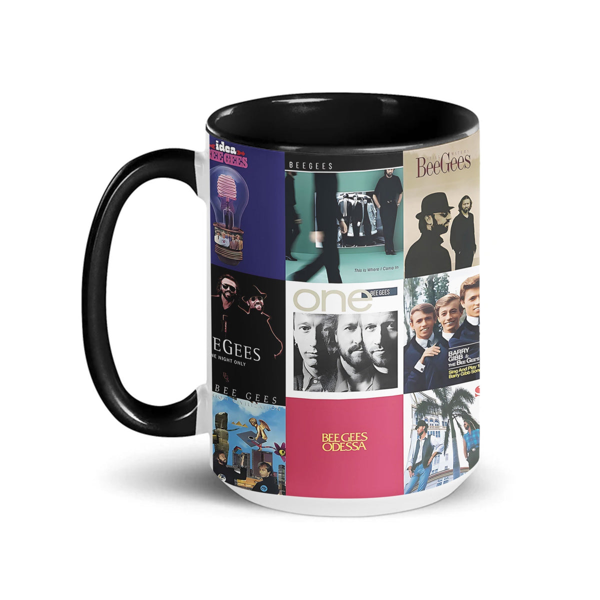 Bee Gees Black Two-Tone Accent Coffee Mug - Classic Rock Band Album Covers Collage Mug