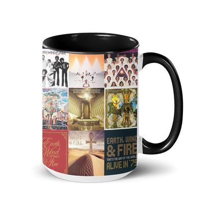 Earth, Wind & Fire Black Two-Tone Accent Coffee Mug - Classic Band Album Covers Collage Mug