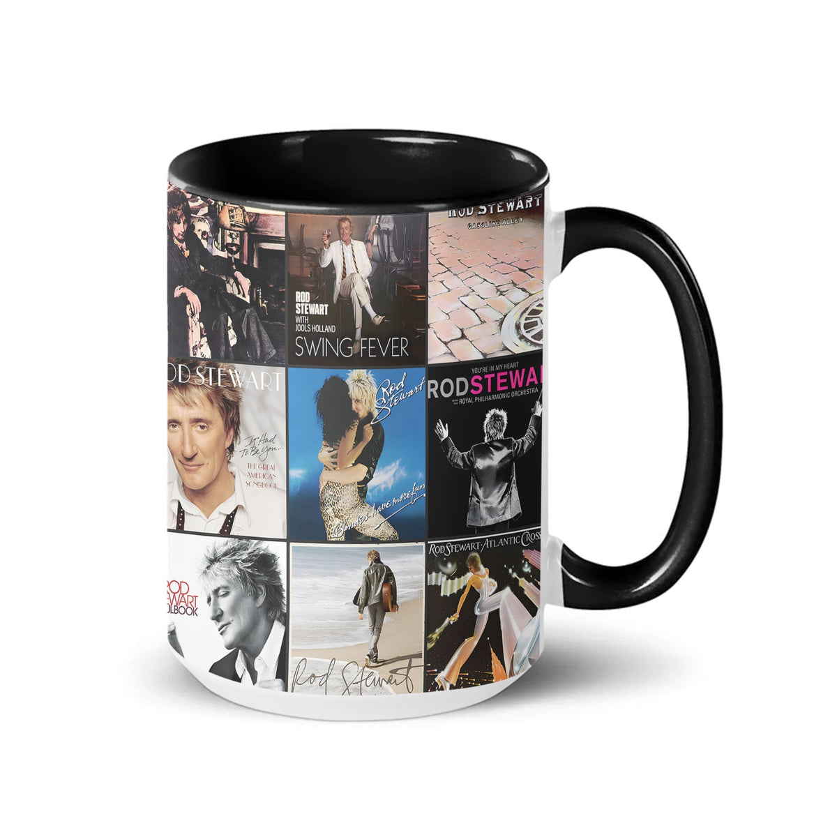 Rod Stewart Black Two-Tone Accent Coffee Mug - Classic Band Album Covers Collage Mug