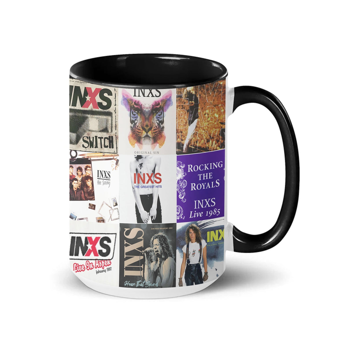 INXS Black Two-Tone Accent Coffee Mug - Classic Band Album Covers Collage Mug