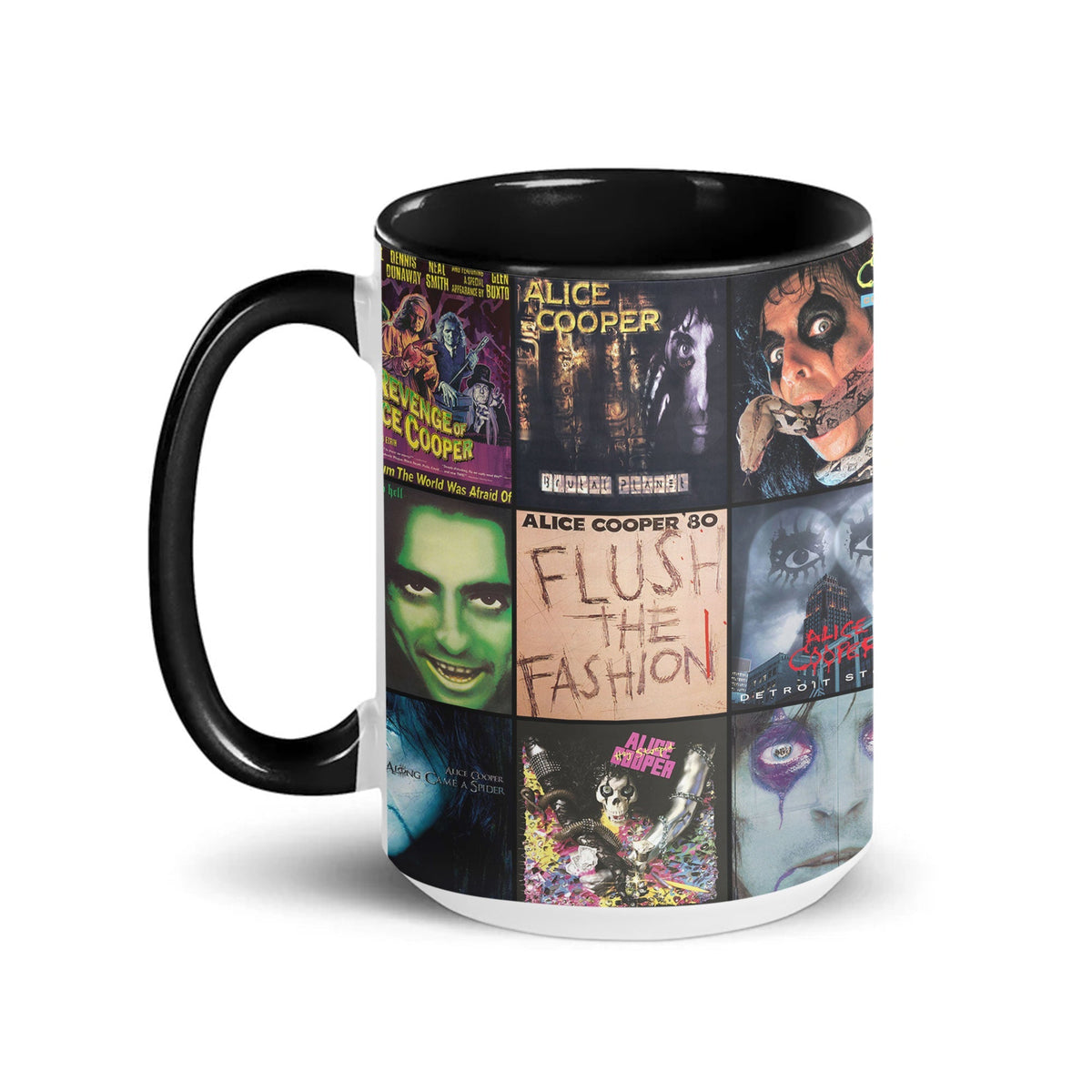 Alice Cooper Black Two-Tone Accent Coffee Mug - Classic Band Album Covers Collage Mug