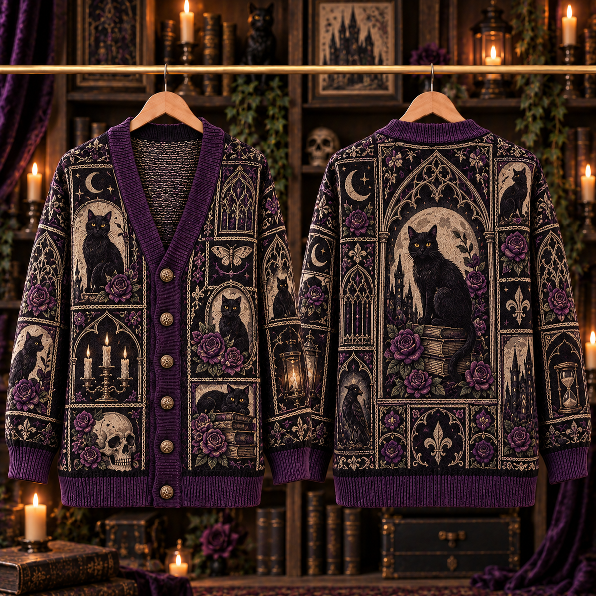 Gothic Black Cat Cardigan, Purple Rose Victorian Knit Sweater, Dark Academia Cat Cardigan, Witchy Halloween Alternative Gift