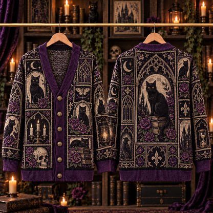 Gothic Black Cat Cardigan, Purple Rose Victorian Knit Sweater, Dark Academia Cat Cardigan, Witchy Halloween Alternative Gift