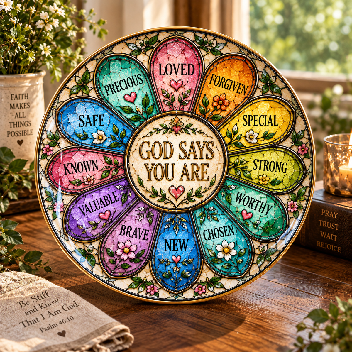 God Says You Are Decorative Plate, Christian Affirmation Stained Glass Style Decor, Inspirational Faith Gift, Bible Home Decoration