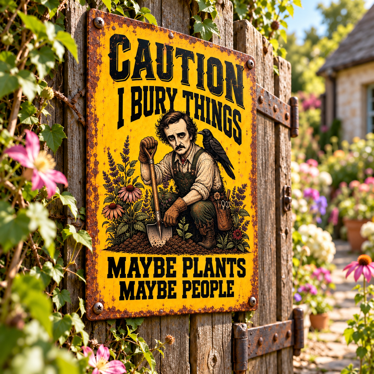 Edgar Allan Poe Garden Metal Sign, Caution I Bury Things Maybe Plants Maybe People, Raven Gothic Yard Decor, Dark Academia Garden Gift