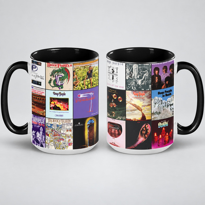 Deep Purple Black Two-Tone Accent Coffee Mug - Classic Band Album Covers Collage Mug
