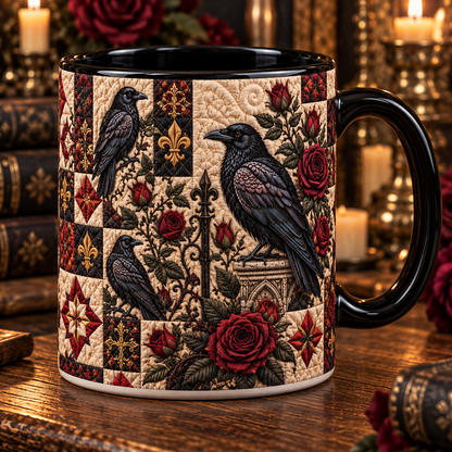 Gothic Raven & Red Roses Quilt Coffee Mug – Vintage Patchwork Crow Ceramic Cup