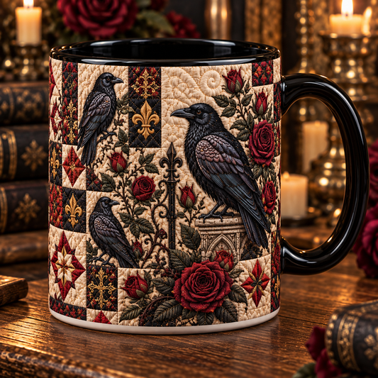 Gothic Raven & Red Roses Quilt Coffee Mug – Vintage Patchwork Crow Ceramic Cup