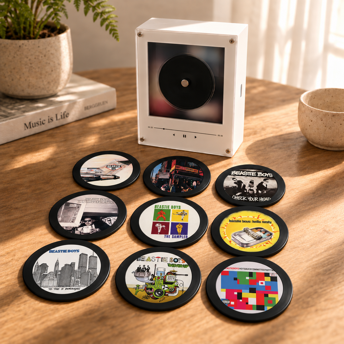 Beastie Boys MagTune Music Player - Retro Mini Vinyl Record Disc Player Style Night Light with Interchangeable Album Art Coasters & USB Cable