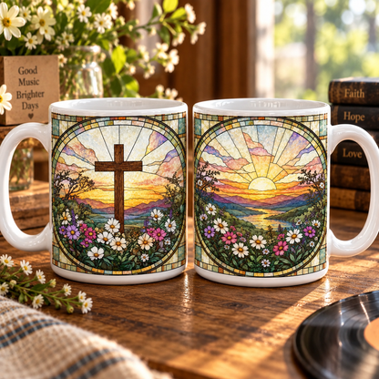 Christian Cross Stained Glass Mug, Sunrise Wildflower Coffee Cup, Faith Inspired Religious Gift, Bible Lover Christian Decor