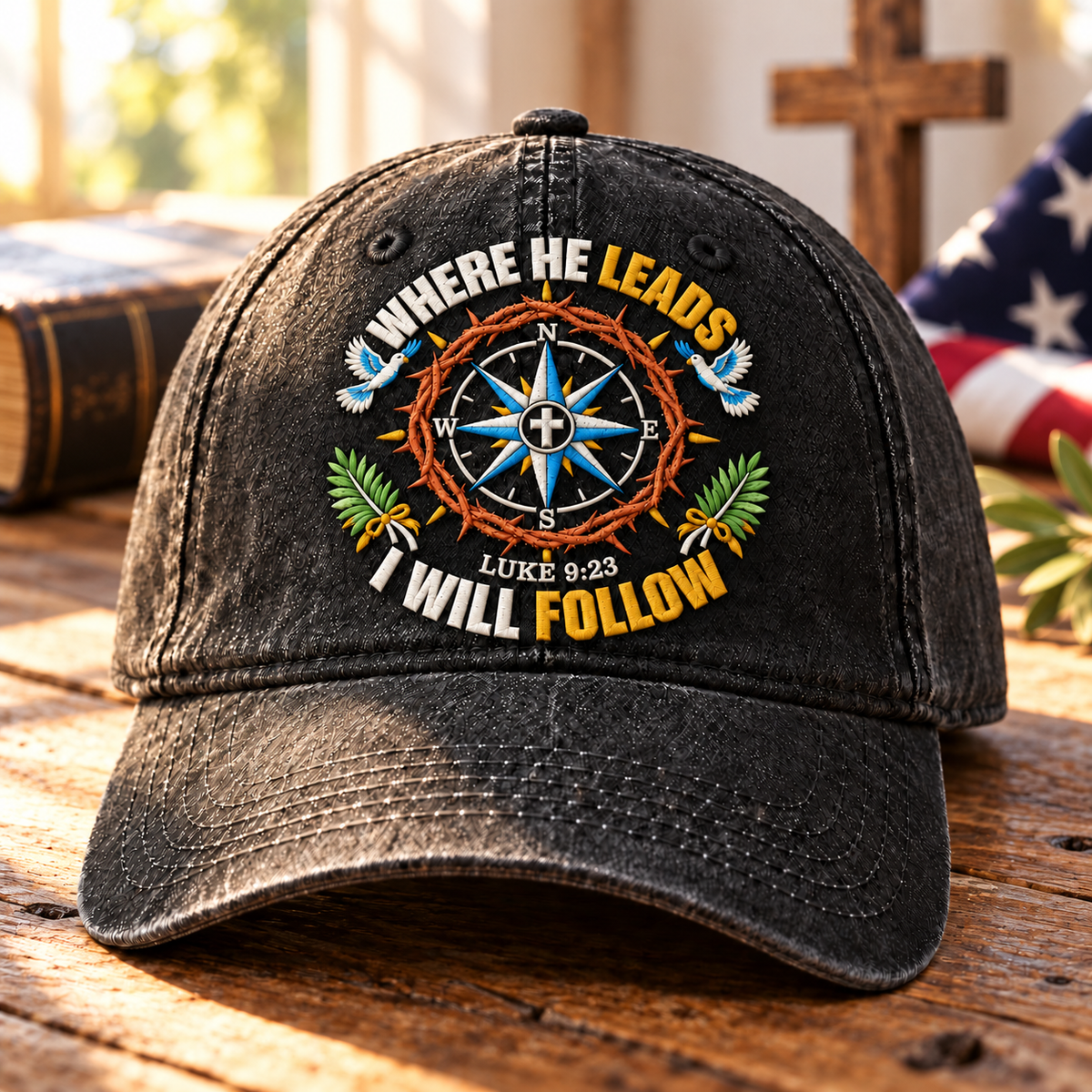 Luke 9:23 Christian Denim Cap, Where He Leads I Will Follow Hat, Jesus Compass Cap, Faith Washed Denim Hat, Christian Gift