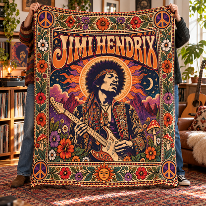 Jimi Hendrix Sherpa Throw Blanket - Electric Stratocaster Guitar & Peace Sign Soft Cover - Psychedelic Rock Fan Gift Idea