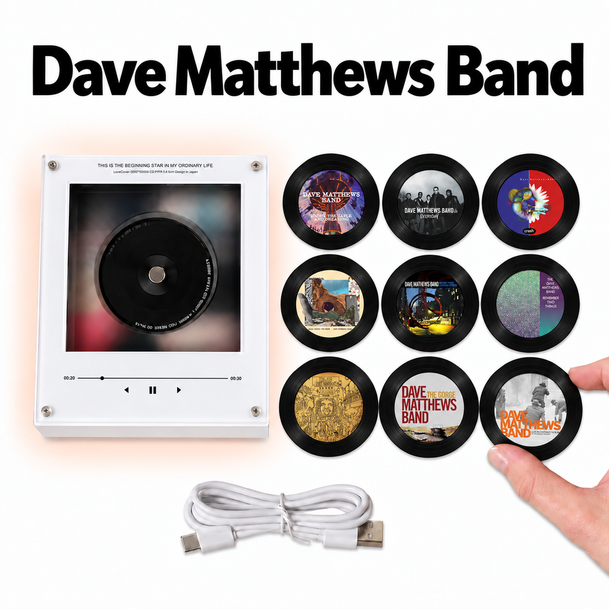 Dave Matthews Band MagTune Music Player - Retro Mini Vinyl Record Disc Player Style Night Light with Interchangeable Album Art Coasters & USB Cable