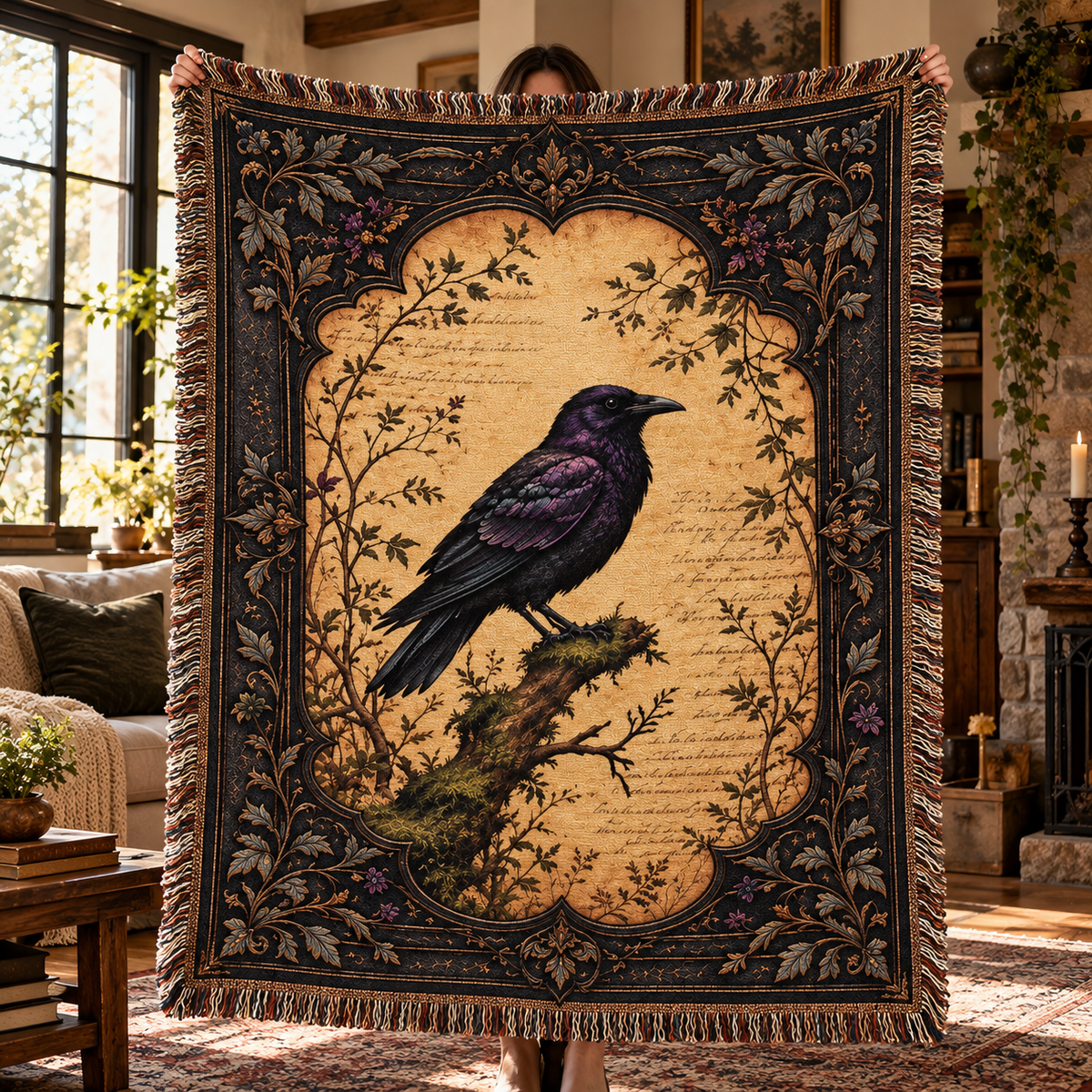 Vintage Crow Botanical Woven Blanket – Dark Academia Raven Tapestry Throw with Baroque Frame