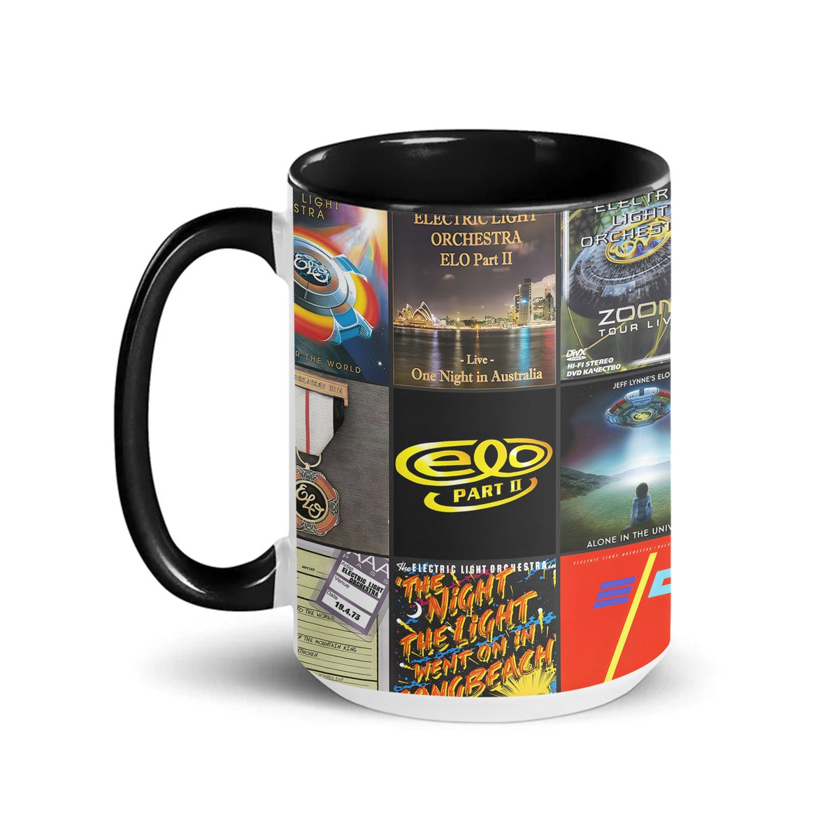 Electric Light Orchestra Black Two-Tone Accent Coffee Mug - Classic Band Album Covers Collage Mug