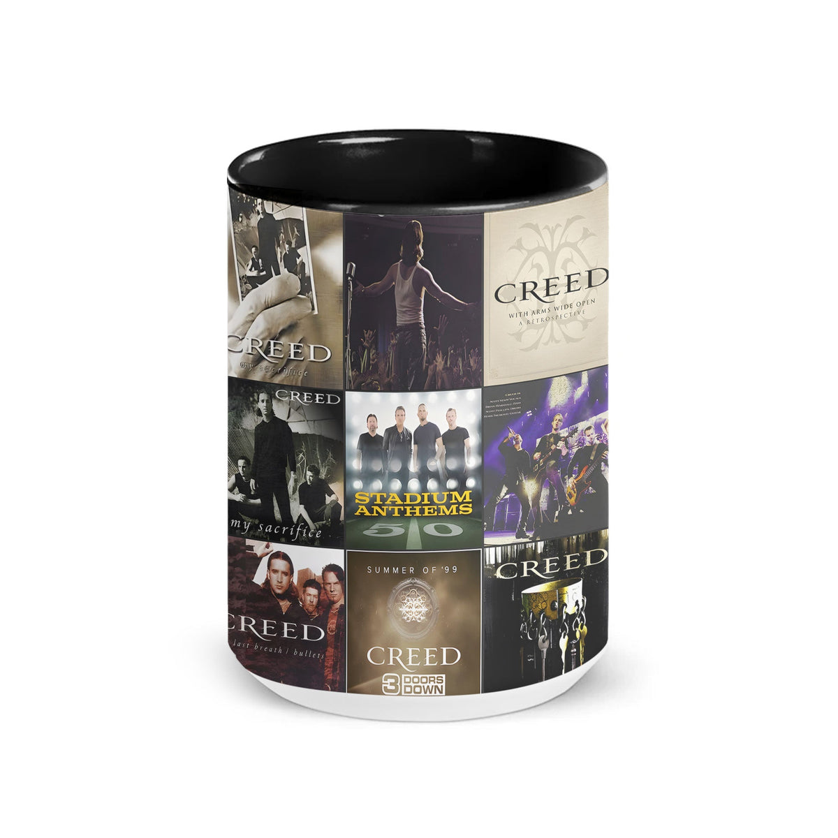 Creed Black Two-Tone Accent Coffee Mug - Classic Band Album Covers Collage Mug