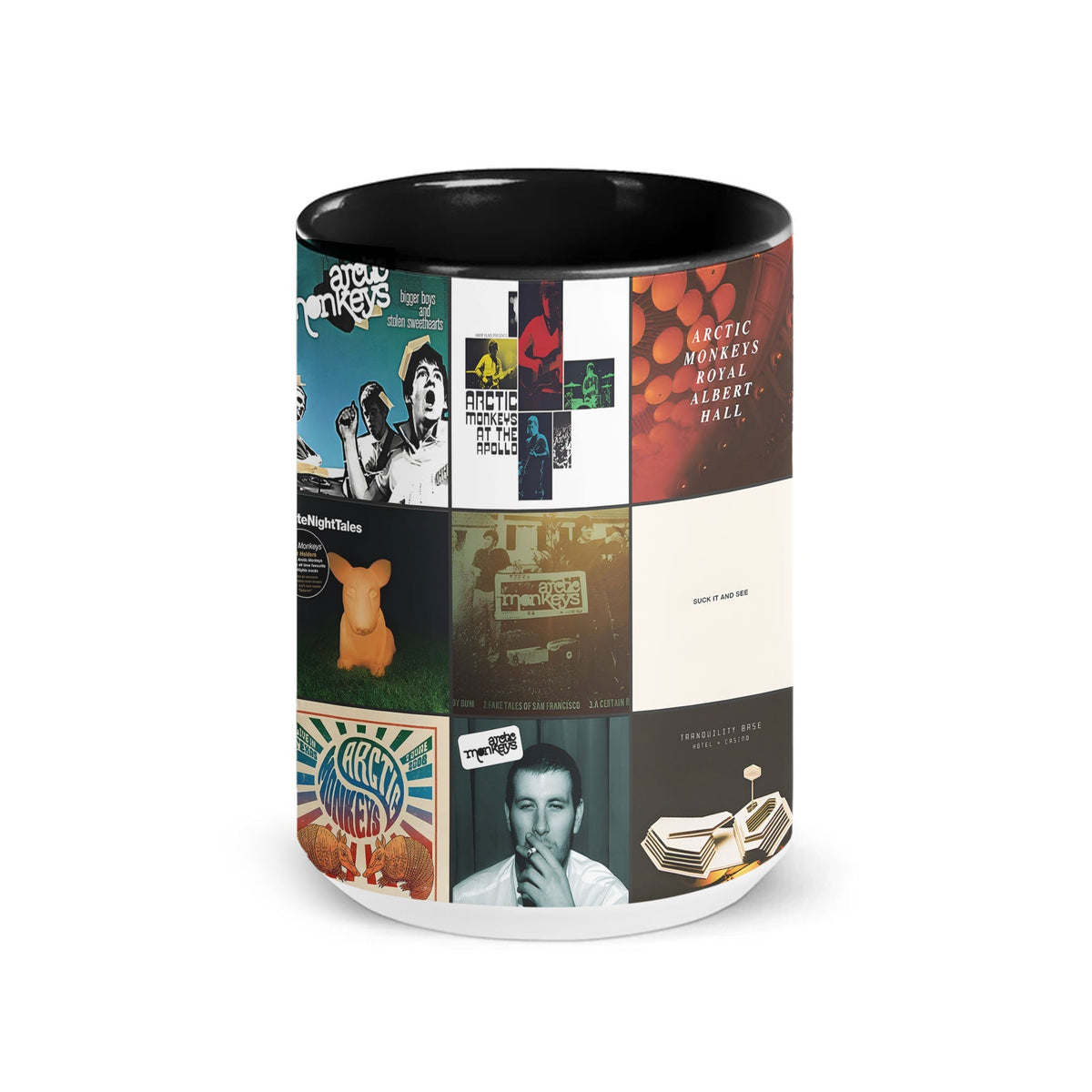Arctic Monkeys Black Two-Tone Accent Coffee Mug - Classic Band Album Covers Collage Mug