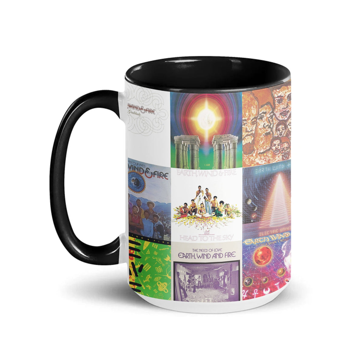 Earth, Wind & Fire Black Two-Tone Accent Coffee Mug - Classic Band Album Covers Collage Mug