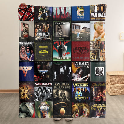 Van Halen Album Covers Collage Sherpa Blanket – 80s Hard Rock & Heavy Metal Legend Throw Blanket