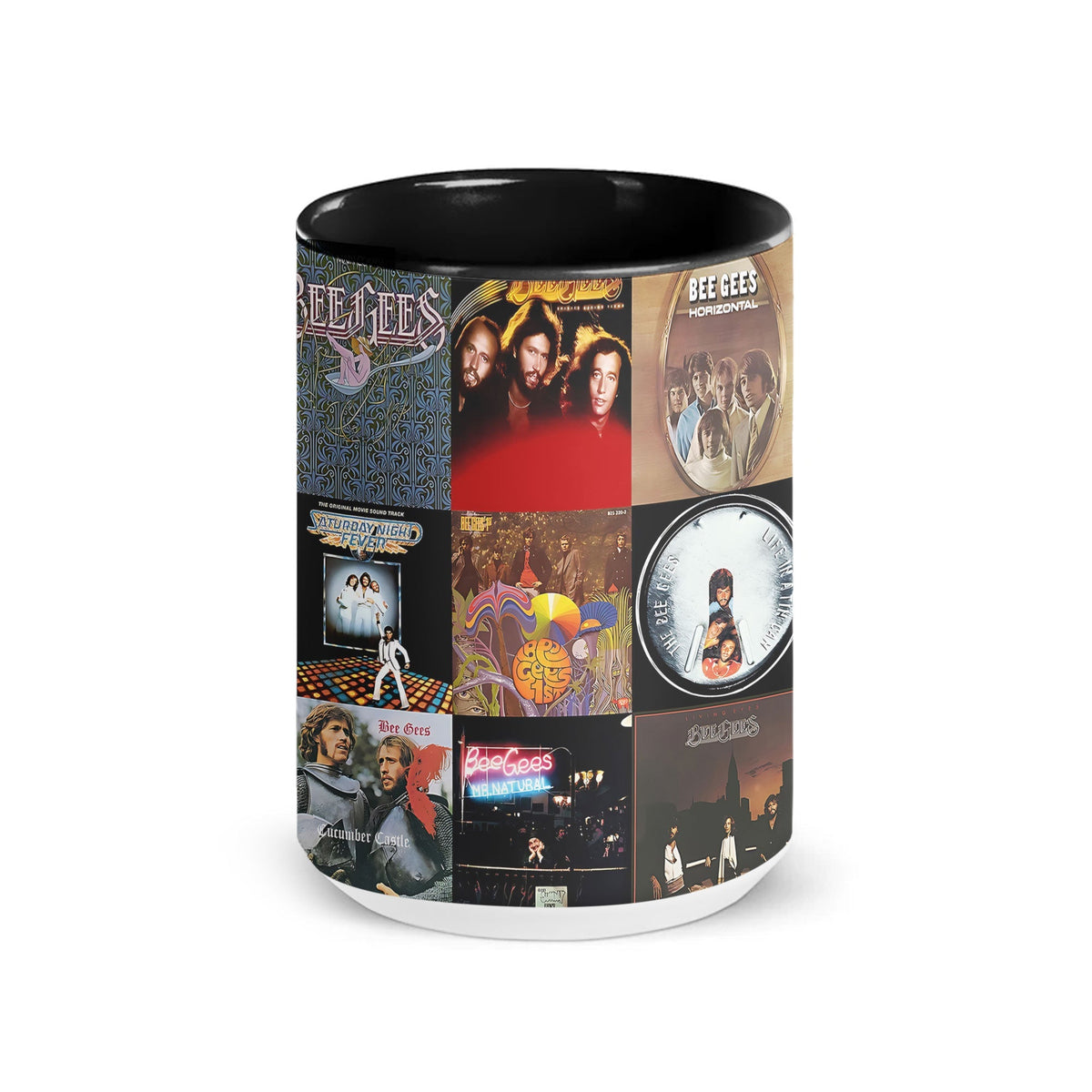 Bee Gees Black Two-Tone Accent Coffee Mug - Classic Rock Band Album Covers Collage Mug