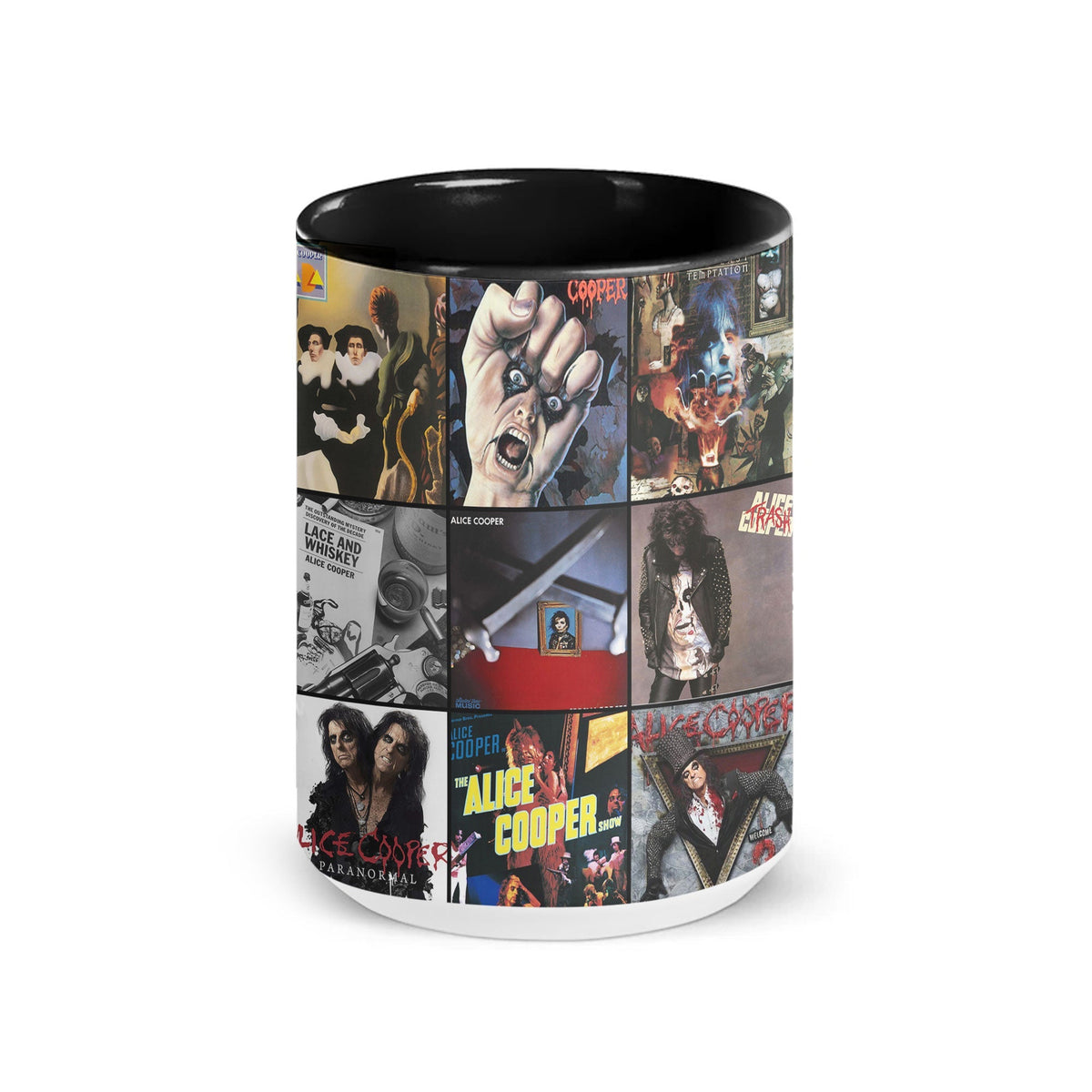 Alice Cooper Black Two-Tone Accent Coffee Mug - Classic Band Album Covers Collage Mug