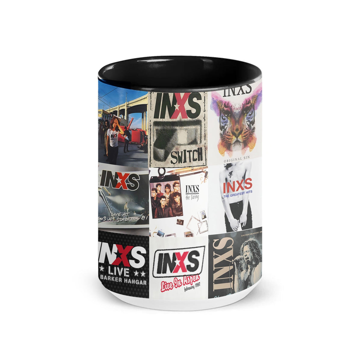 INXS Black Two-Tone Accent Coffee Mug - Classic Band Album Covers Collage Mug