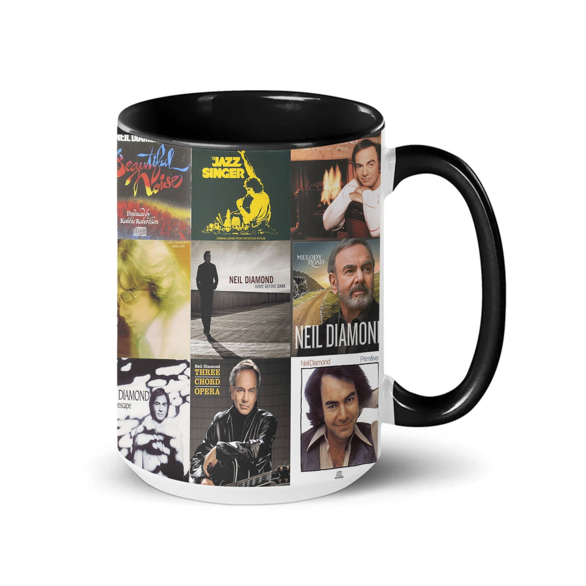 Neil Diamond Black Two-Tone Accent Coffee Mug - Classic Band Album Covers Collage Mug